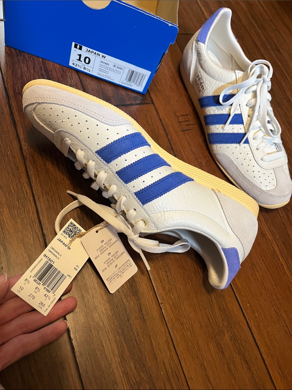 adidas womens japan White Leather Sneakers with Blue Stripes and Yellow Gum Sole